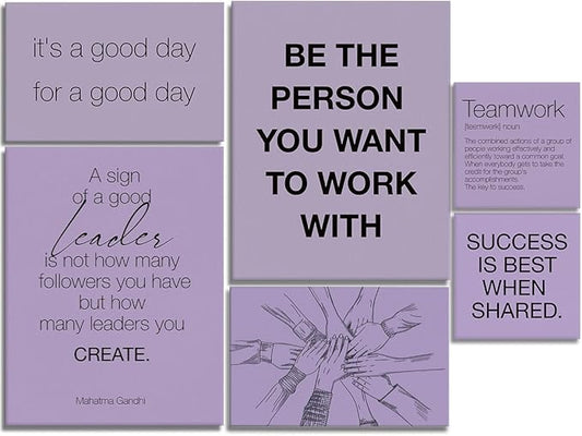 YEOION Purple Motivational Teamwork Office Wall Decor,Inspirational Team Work Wall Art Canvas Frame Artwork for Office Workplace Breakroom Wall Decor Set of 6