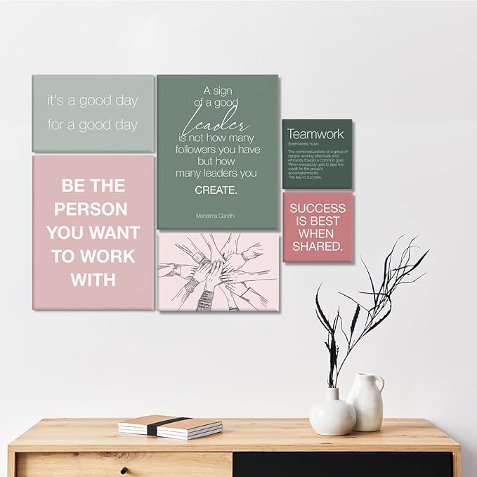 YEOION Inspirational Office Wall Art for Women,Motivational Teamwork Wall Decor for Office,Light Pink and Green Postive Quote Workplace Canvas Wall Art for Set of 6