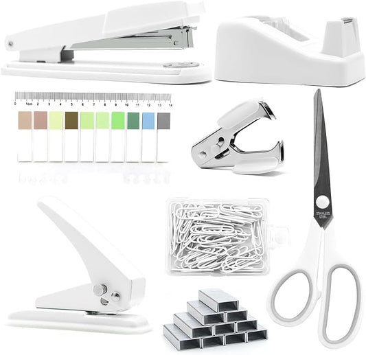 sportsvoutdoors White Desk Accessories, White Office Supplies,Large Stapler and Tape Dispenser Set, White Desk Accessory Kit, Gift for Students, Women, Coworkers, Boss Lady, Office Clerks