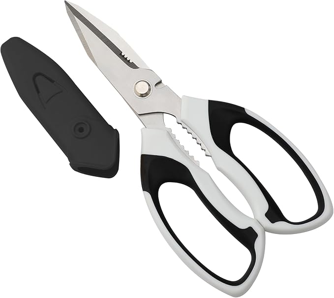 8-Inch Heavy Duty Utility Scissors All Purpose, Serrated Blade, White Comfort Grip for Cutting Carpet, Cardboard, Leather, Fabric, Multipurpose Sharp Shears for Kitchen, Garden, Office, Carft