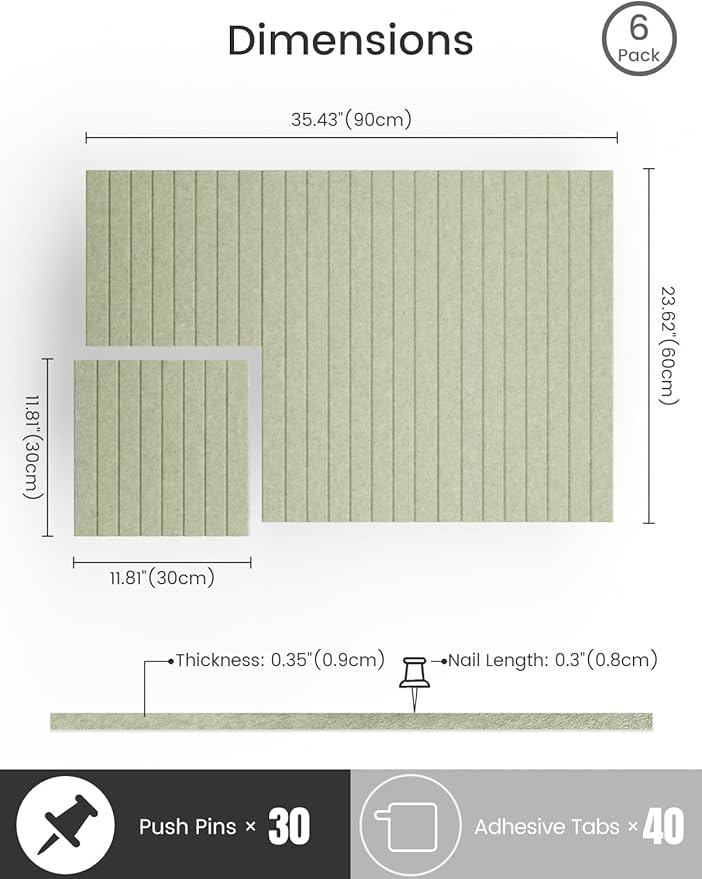 Bumusty Large Cork Board Alternative-36 x24 Felt Bulletin Board Tiles, with 30 Pushpins, 40 Adhesive Tabs, 6-Pack Slat Wall Paneling, Cork Boards for Office Push Pin Board Felt Board-Sage