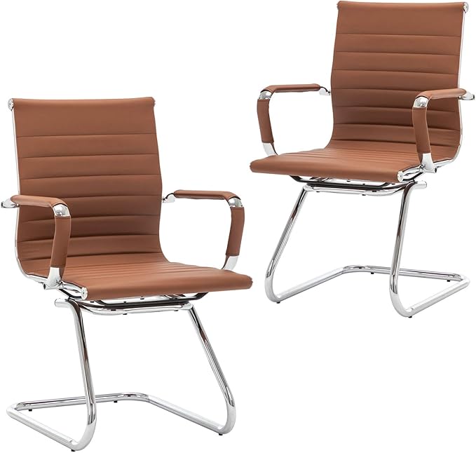 Wahson Office Guest Chairs Set of 2, Leather Reception Chairs, Mid Back Waiting Room Chair, Conference Chairs with Sled Base for Meeting/Lobby/Restroom, Coffee
