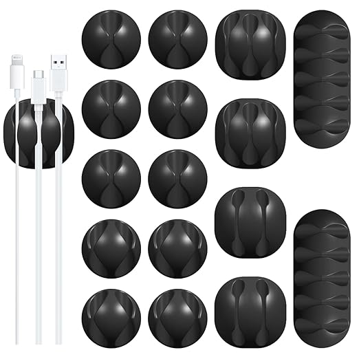 16Pack Black Desk Cable Management,Adjustable Cord Organizer Cable Clips,Cable Organizer for Cords Phone Charger/PC/TV,Ideal Cord Holder for Nightstand/Wall/Desk/Office/Home/Car