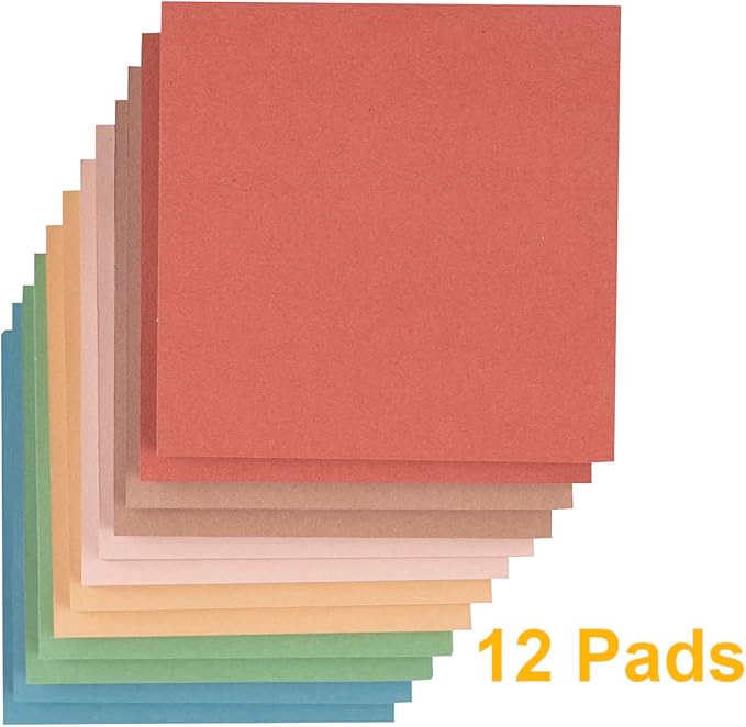 (12 Pads) Sticky Notes 3x3 inch, Self-Stick Pads Vintage Colors Sticky Note, Recyclable, Easy to Stick for Home, Office, Notebook