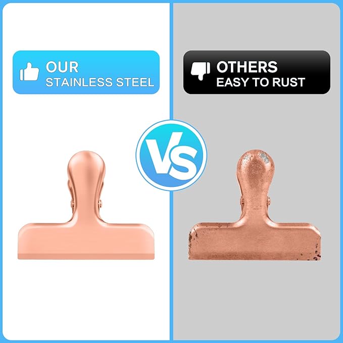 Chip Clips, 12 Pack Bag Clips, Stainless Steel Chip Clip, Metal Clip for Food, Air Tight Seal Great for Kitchen Home Office(Rose Gold)