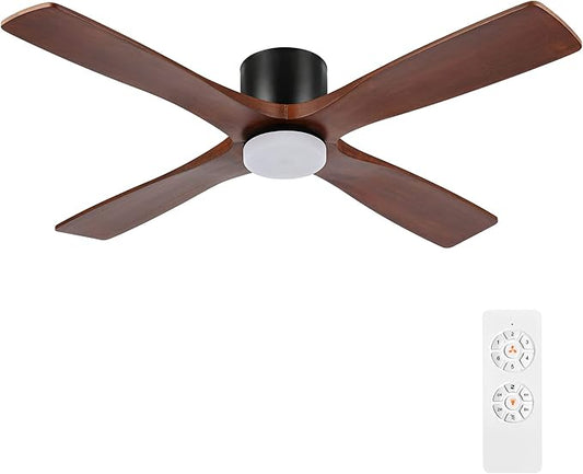 WINGBO 54 Inch Flush Mount DC Ceiling Fan with Lights and Remote, 4 Reversible Carved Wood Blades, 6-Speed Noiseless DC Motor, Hugger Ceiling Fan in Matte Black Finish with Walnut Blades