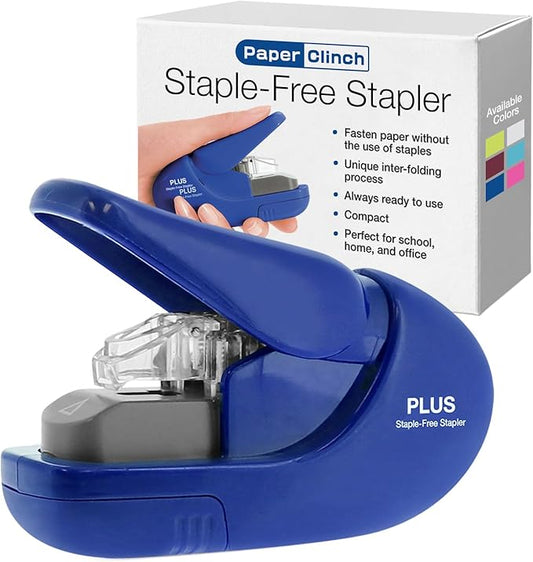 PLUS Paper Clinch Compact Staple-Free Stapler – Fastens up to 5 Sheets, No Staples Needed, Eco-Friendly, Safe for Kids, Blue
