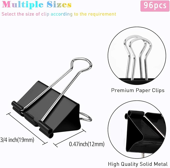 Small Binder Clips, 96 Pack, 3/4 Inch, Standard 19mm, Black, Capacity 0.31 Inch, Fold Clamp, Paper Clips, Office Clips, School & Home Use