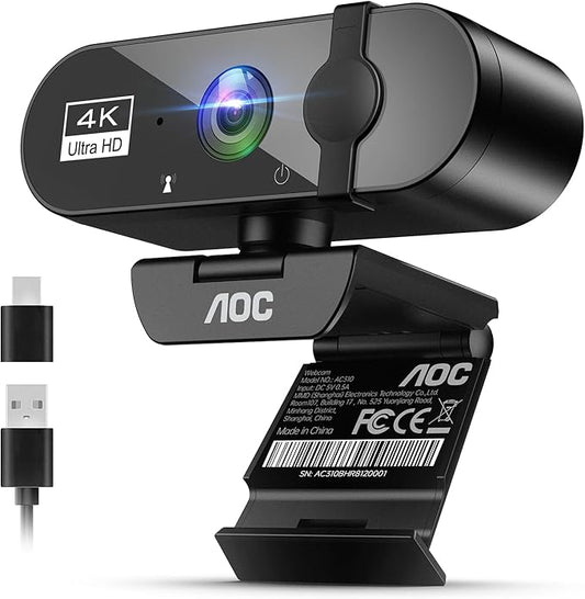 AOC 4k Webcam for PC with Microphone, Computer Camera with Noise Cancellation, Privacy Cover, 99° FOV, Plug & Play USB Webcam for Streaming, Conferencing, Zoom, Skype, Facetime, Laptop, PC, Skype