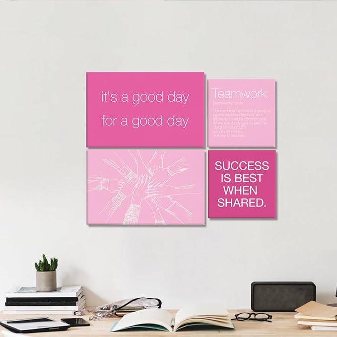 YEOION Inspirational Office Wall Art for Women,Motivational Teamwork Wall Decor for Office,Pink Postive Quote Workplace Canvas Wall Art for Set of 6