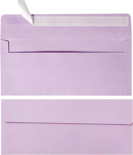 Wishop 50 Pack #10 Business Envelopes Self Seal 4x9 Standard Envelopes for Business, Invoices, Letter Mailing, 4 1/8 x 9 1/2 Inches (Light Purple, 4.13 x 9.49)