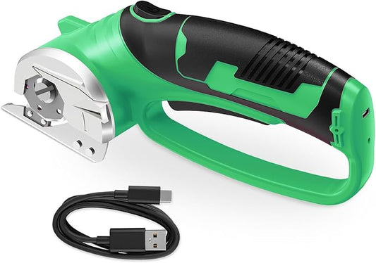 Cordless Electric Scissors, 4V Rechargeable Box Cutter & Cardboard Cutter with Titanium Blade, LED Light, Safety Lock - Rotary Cutter for Fabric, Leather, Plastic, Crafting, Sewing(Bright Green)