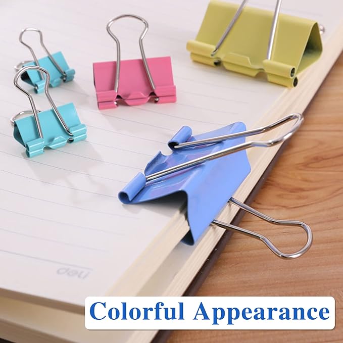 OWLKELA 100 Pcs Colored Binder Clips, Paper Clamps, Paper Binder Clip, Assorted Sizes, Metal Colorful Binder Clips, Ideal for Office, Home and School Supplies