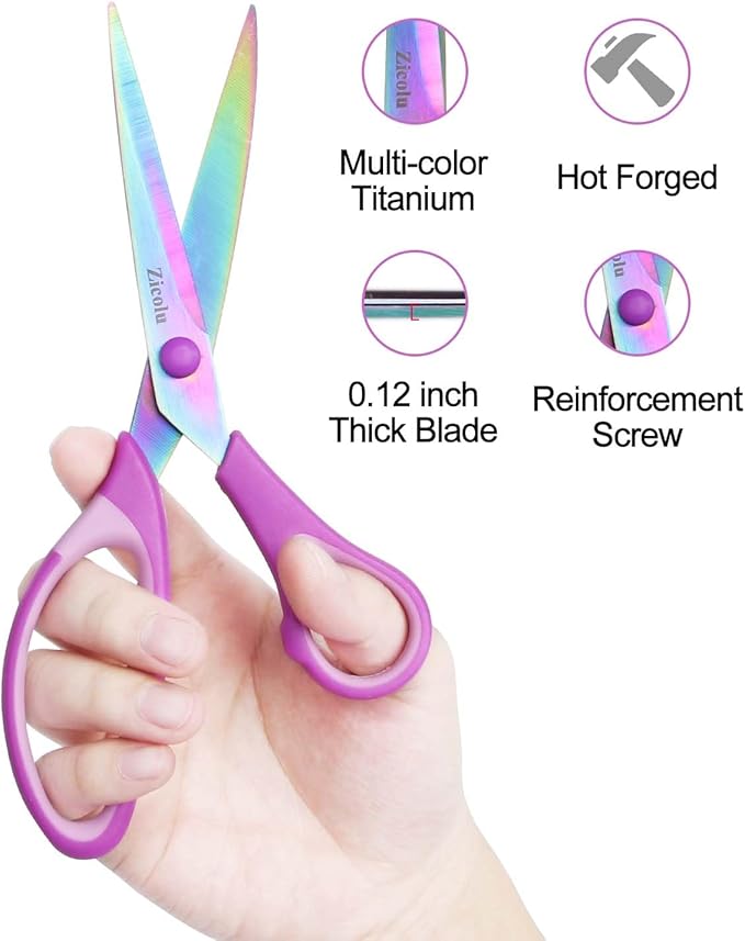 8.5" Scissors All Purpose, Multipurpose Office Scissors Set of 3 pack, sharp Titanium Coating Blade and Soft Comfort-Grip Sturdy Scissors for Fabric School Craft Sewing Home, Right/Left Handed, Purple