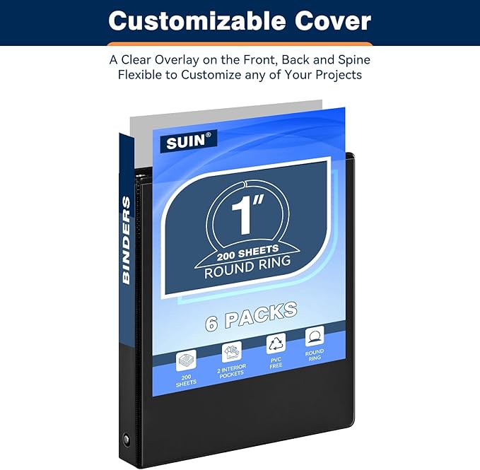 1-inch 3 Ring Binder with 2 Interior Pockets, 1'' Basic Binders Holds US Letter Size 8.5'' x 11'' Paper - Versatile Binders for Office, Home, and School Use, 6 Pack (Black)