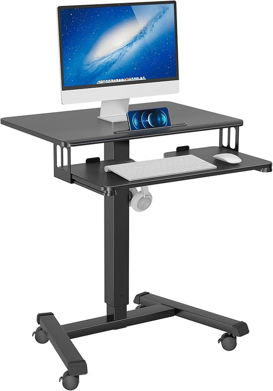 BONTEC Mobile Standing Desk with Keyboard Tray, Mobile Podium, Rolling Laptop Sit Stand Desk on Wheels, Adjustable Height Desk Up to 33lbs, Portable Computer Workstation Cart for Living Room, Office