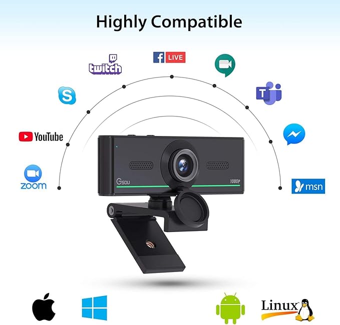 Gsou 1080P Webcam with Microphone for Desktop, Computer Webcam Connect Bluetooth Headset/Earphone/Speaker, Streaming Webcams for Live Skype Teams, PC Web Camera for Streaming,Bluetooth only for Audio
