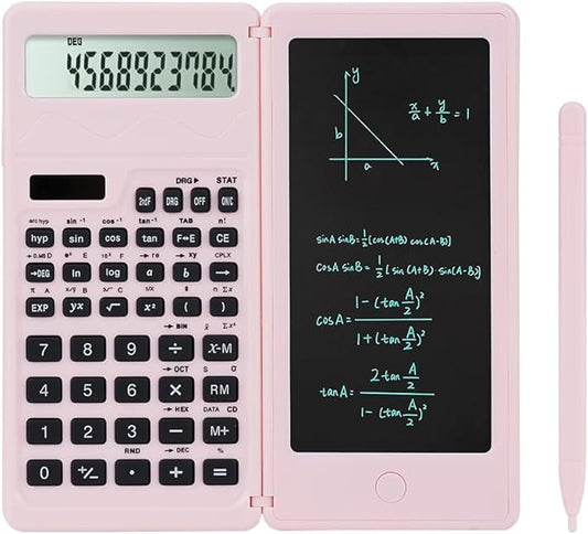 Scientific Calculators for Middle School & High School, Solar and Battery Power with Notepad for School，10 Digits Digital with Erasable Writing Board Math Calculator (Pink)