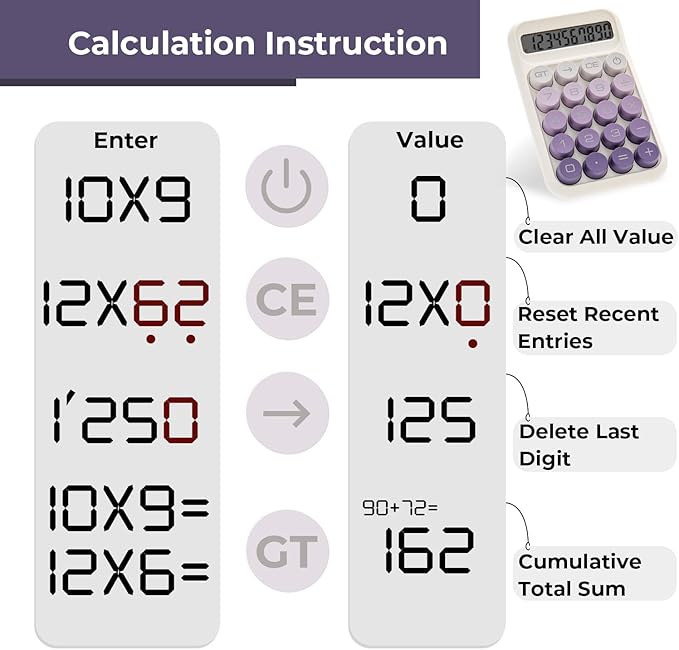 Y YOMA 1 Pack Mechanical Switch Calculator with 10 Digit Large LCD Display Big Button, Mini Cute Desktop Calculator 4 Function Basic Calculators for School Home Office Business, Dusty Violet