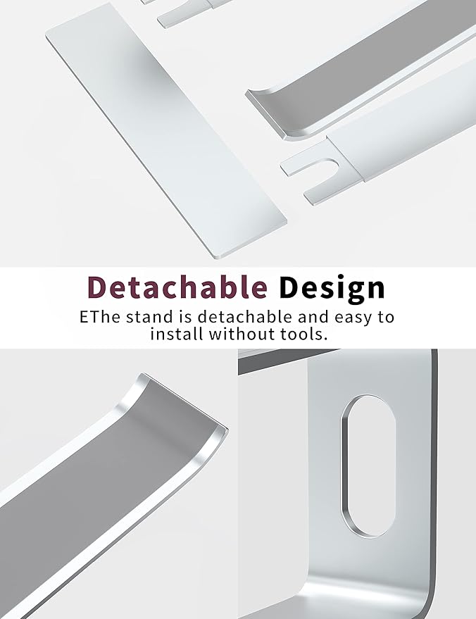 ALASHI Laptop Stand for Desk, Aluminum Computer Riser, Ergonomic Notebook Holder, Detachable Metal Laptops Elevator, PC Cooling Mount Support 10 to 15.6 Inches Notebook, Silver