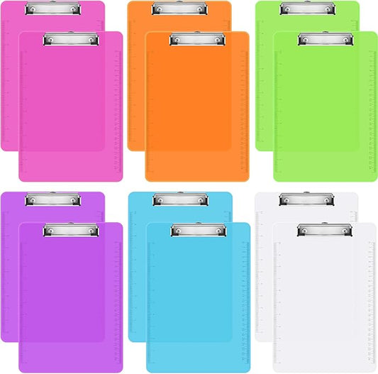 12 Pack Plastic Clipboards Neon Colored Clear Clip Boards with Low Profile Metal Clip Board 12.5x9 Inch Letter Size Bulk Class Set for Classroom and Office Use