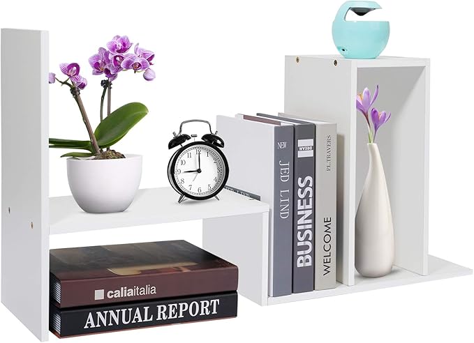 Wood Adjustable Desktop Storage Organizer Display Shelf Rack, Office Supplies Desk Organizer,White