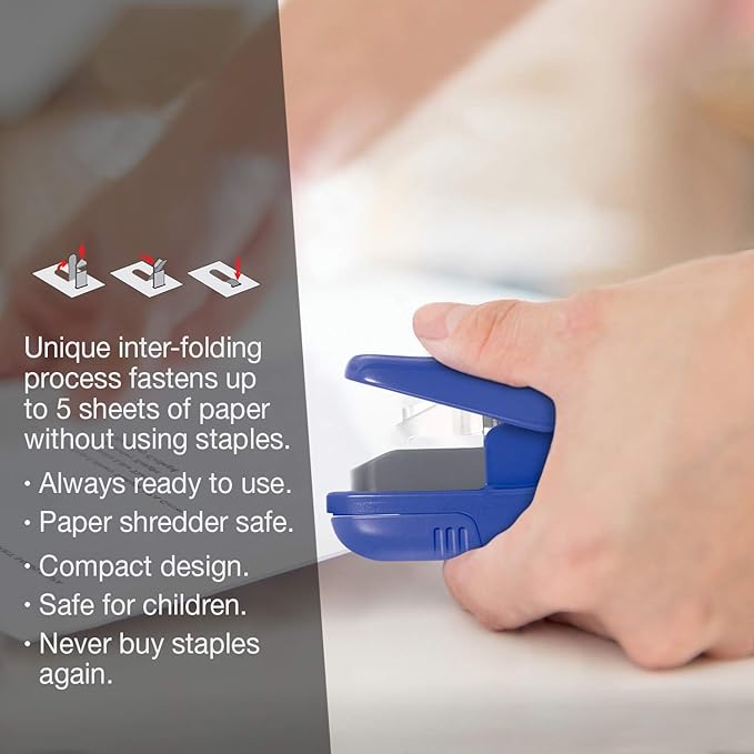 PLUS Paper Clinch Compact Staple-Free Stapler – Fastens up to 5 Sheets, No Staples Needed, Eco-Friendly, Safe for Kids, Blue