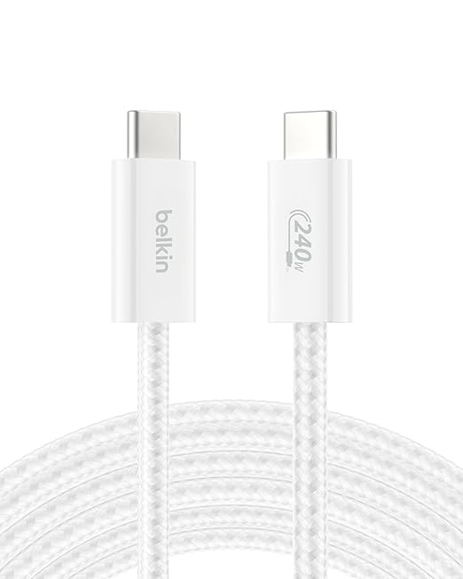Belkin USB C to USB C Cable, 9.9ft, 240W - Type C Charger, iPhone Charger Cord, Soft, Braided, Flexible for iPhone 17, Galaxy S25, Pixel 10, MacBook, Chromebook, iPad Pro, Switch Steam Deck – White