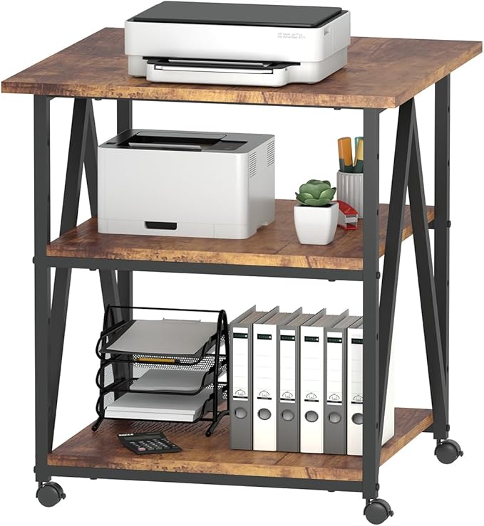 3-Tier Printer Stand, Large Printer Table with Storage, Industrial Printer Storage Cart with Wheels, Rolling Printer Stand for Heat Press Scanner Fax, Brown
