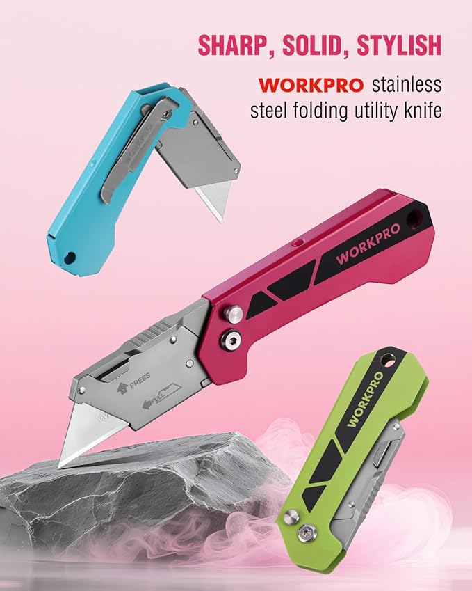 WORKPRO Box Cutter, Utility Knife Quick Change Blade Razor Knife, Folding Pocket Knife with Belt Clip and Axis Lock, 10 Extra Blades Included, Pink