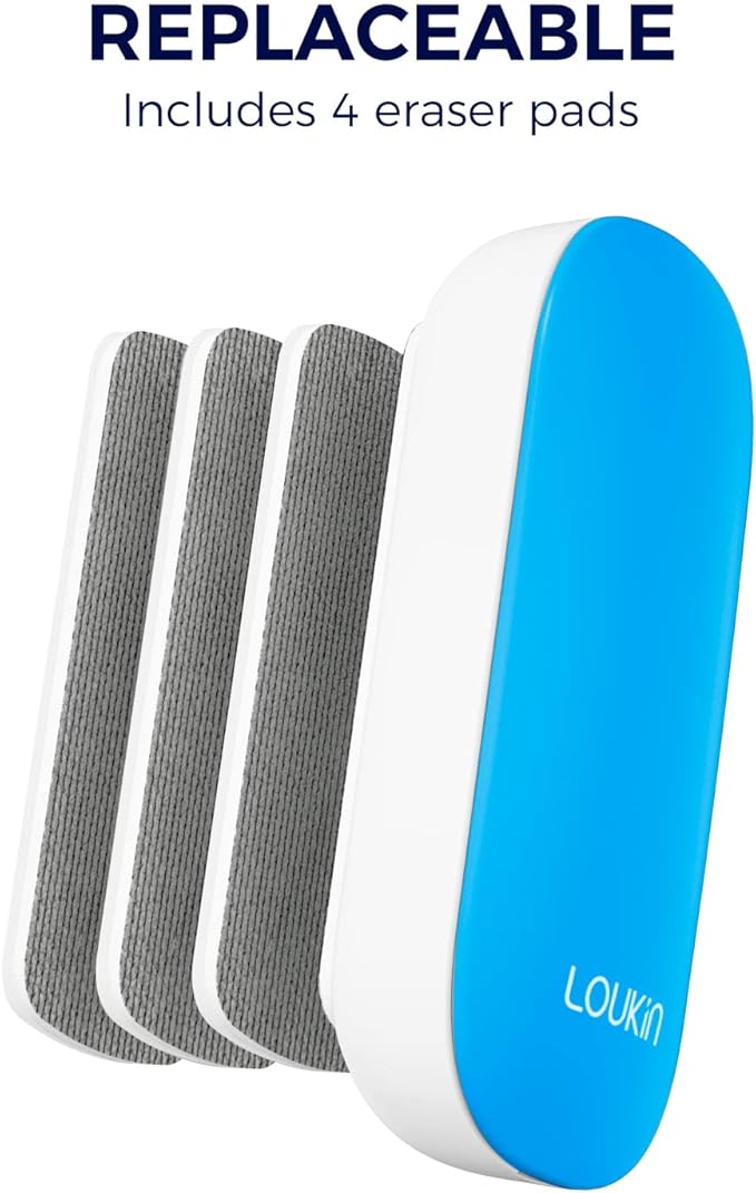 loukin Replaceable Dry Erase Eraser, Magnetic Whiteboard Eraser with 3 Replaceable Felt Pads, 4-in-1 Glass Whiteboard Erasers, 3.4 fl oz Cleaner Included (Blue)
