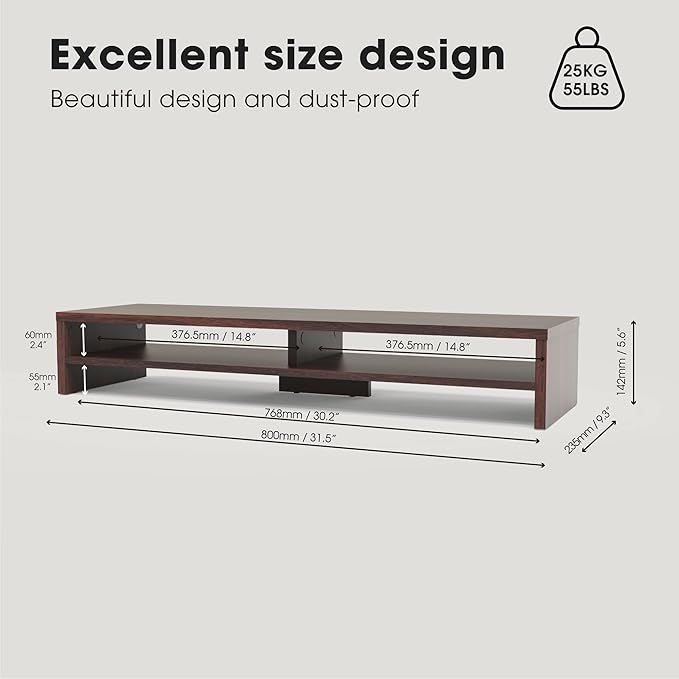 Fenge Monitor Stand, 31.5 Inch Computer Monitor Riser for Desk, 2 Tiers Wood Desk Shelf with Storage, Desktop Organizer for PC, Laptop, Screen, Printer