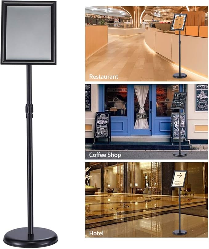 Adjustable Pedestal Poster Sign Stand 8.5x11 inchs, Black Floor Standing Sign Holder with Aluminum Snap Open Frame for Vertical/Horizontal Sign Displayed, for Store/Office/Hotel/School