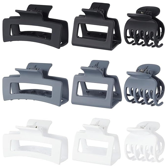 3 Style Claw Hair Clips Set for Women - 9 pcs Medium Rectangle Clips for Thick Hair, Square Clips for Thin Hair - Grey
