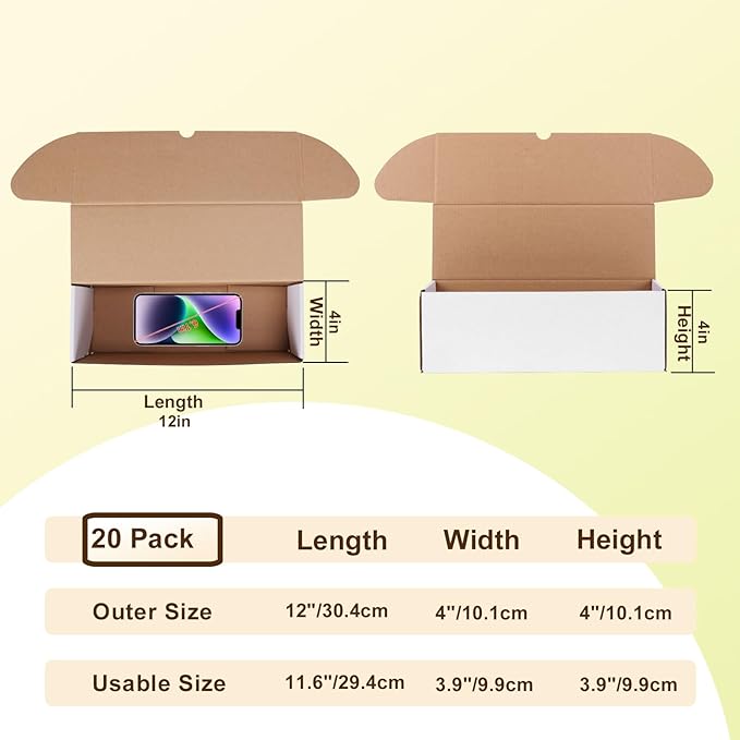 WIFTREY 12x4x4 inches Shipping Boxes Pack of 20, White Corrugated Cardboard Box 12"L x 4"W x 4"H for Shipping, Packaging, Moving, Mailing