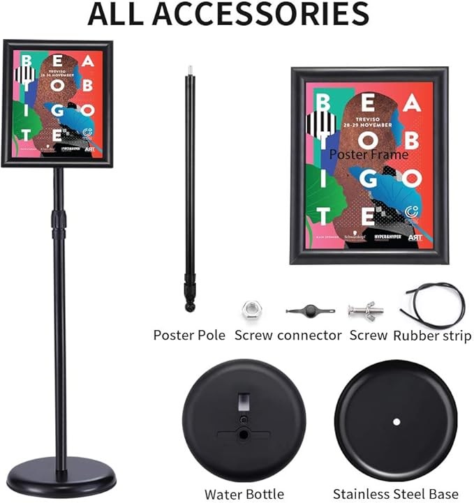 Adjustable Pedestal Poster Sign Stand 8.5x11 inchs, Black Floor Standing Sign Holder with Aluminum Snap Open Frame for Vertical/Horizontal Sign Displayed, for Store/Office/Hotel/School