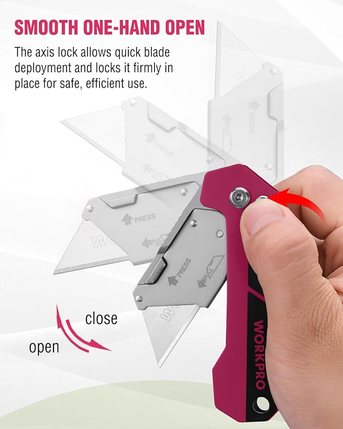 WORKPRO Box Cutter, Utility Knife Quick Change Blade Razor Knife, Folding Pocket Knife with Belt Clip and Axis Lock, 10 Extra Blades Included, Pink