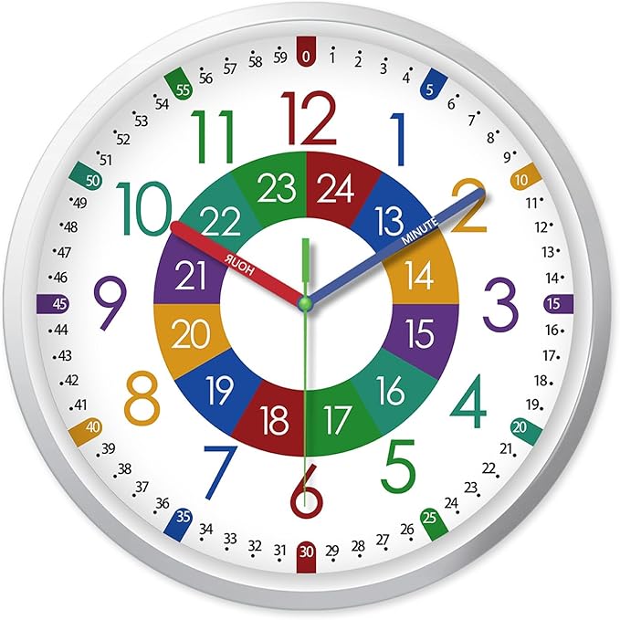 XFM Learning Clock for Kids Silent Non Ticking Battery Operated Colorful Teaching Time Clock 8 Inch Decorative Small Analog Clock for Kids Room Classroom School Playroom