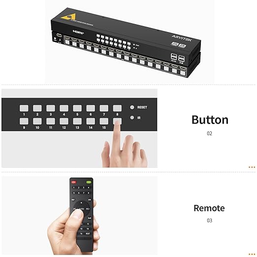 16 Port HDMI KVM Switch 4K@60Hz, 1U Rack Mount, USB Keyboard Mouse Sharing for 16 PCs, Independent 3.5mm Audio Output, Includes 16 HDMI Cables, IR Remote, 4 USB 2.0 Hubs