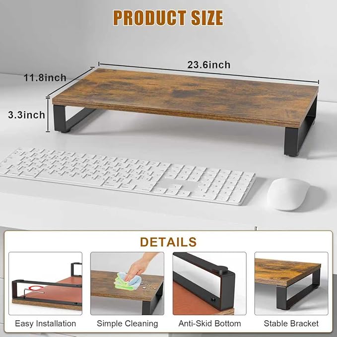 XINYAO Monitor Stand for Desk, Wood & Steel Computer Stand Riser with Storage Organizer for Office Laptop, PC, Printer 24x12 inch