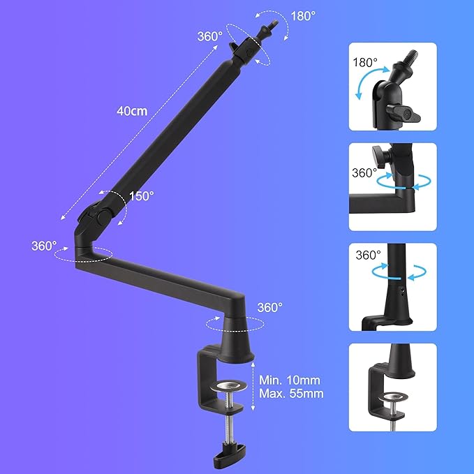 Low Profile Mic Arm 15cm Extra Riser Adjustable Mic Boom Arm Metal Desk Mounted Microphone Stand Cable Management Flexible Microphone Holder for Podcast Streaming Gaming Desktop
