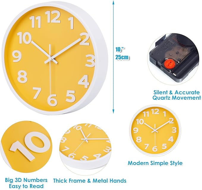 10 Inch Yellow Wall Clock with 3D Big Numbers, Modern Round Silent Non-Ticking Clock, Easy to Read for Kitchen & Office, Bright Housewarming Gifts for Home Decor