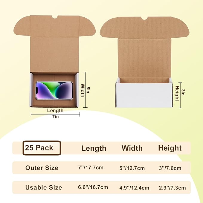 WIFTREY 7x5x3 inches White Shipping Boxes Set of 25, Corrugated Cardboard Boxes 7 x 5 x 3 for Shipping Small Business, Literature Mailer Box, Packaging Supplies