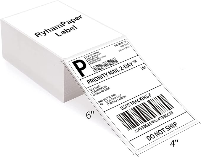 RyhamPaper 4" x 6" Fanfold Direct Thermal Labels - White Shipping Mailing Postage Labels, Perforated, Permanent Adhesive (8 Stacks - 8000 Labels)