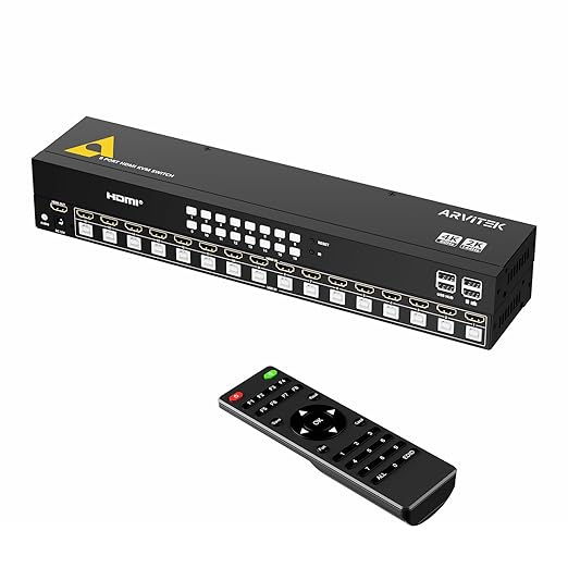 16 Port HDMI KVM Switch 4K@60Hz, 1U Rack Mount, USB Keyboard Mouse Sharing for 16 PCs, Independent 3.5mm Audio Output, Includes 16 HDMI Cables, IR Remote, 4 USB 2.0 Hubs