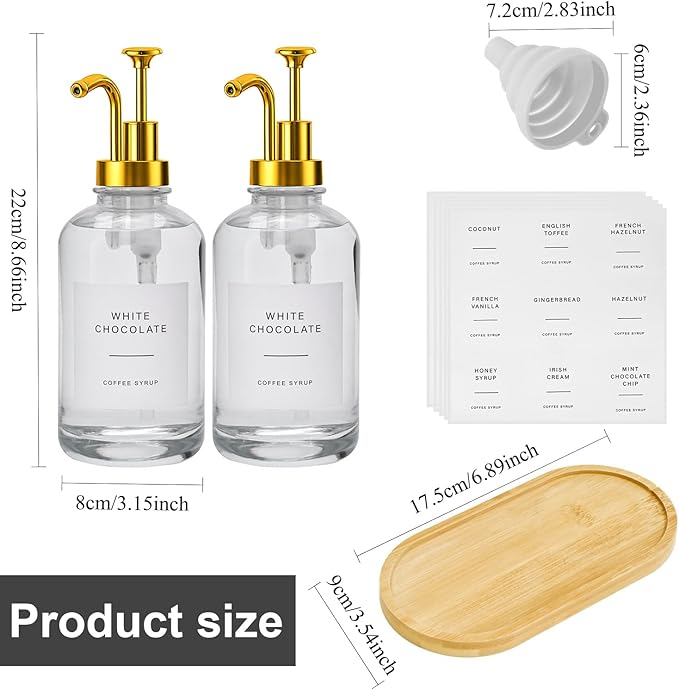 2 Pack 16oz Glass Coffee Syrup Dispenser with Gold Pump, Elegant Coffee Bar Accessories with Labels, Reusable Syrup Bottles for Kitchen, Café & Home Decor
