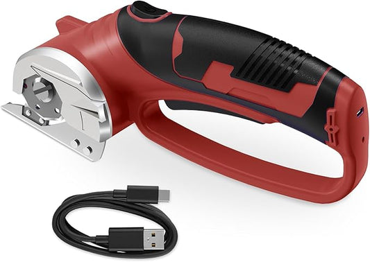 Cordless Electric Scissors, 4V Rechargeable Box Cutter & Cardboard Cutter with Titanium Blade, LED Light, Safety Lock - Rotary Cutter for Fabric, Leather, Carpet, Plastic, Crafting, Sewing (Red)