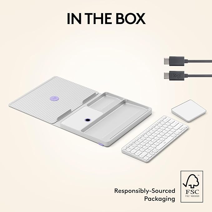 Logitech Casa Pop-Up Desk Work From Home Kit with Laptop Stand, Wireless Keyboard & Touchpad, Bluetooth, USB C Charging, for Laptop/MacBook(10” to 17”), Windows,macOS,ChromeOS - Nordic Calm,Tan/Purple