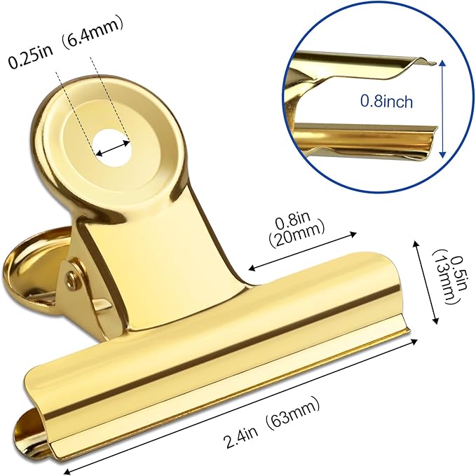 10 Pack Large Metal Hinge Clips 2.5 Inches Bull Hinge Paper Clips Gold Bulldog Clips for Crafts, Photo, Drawing, Food Bags at Home, Office, School, Shop, Gold, 63mm