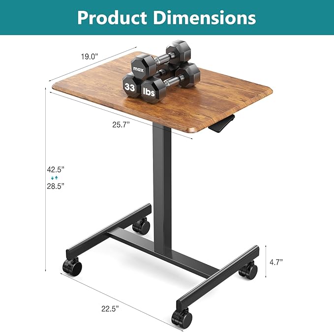NEWBULIG Rolling Standing Desk Adjustable Height Brown, Mobile Standing Desks with Wheels, Portable Table Medical Rolling Computer Cart, Podium Stand with Metal Frame for Teacher Classroom Laptop